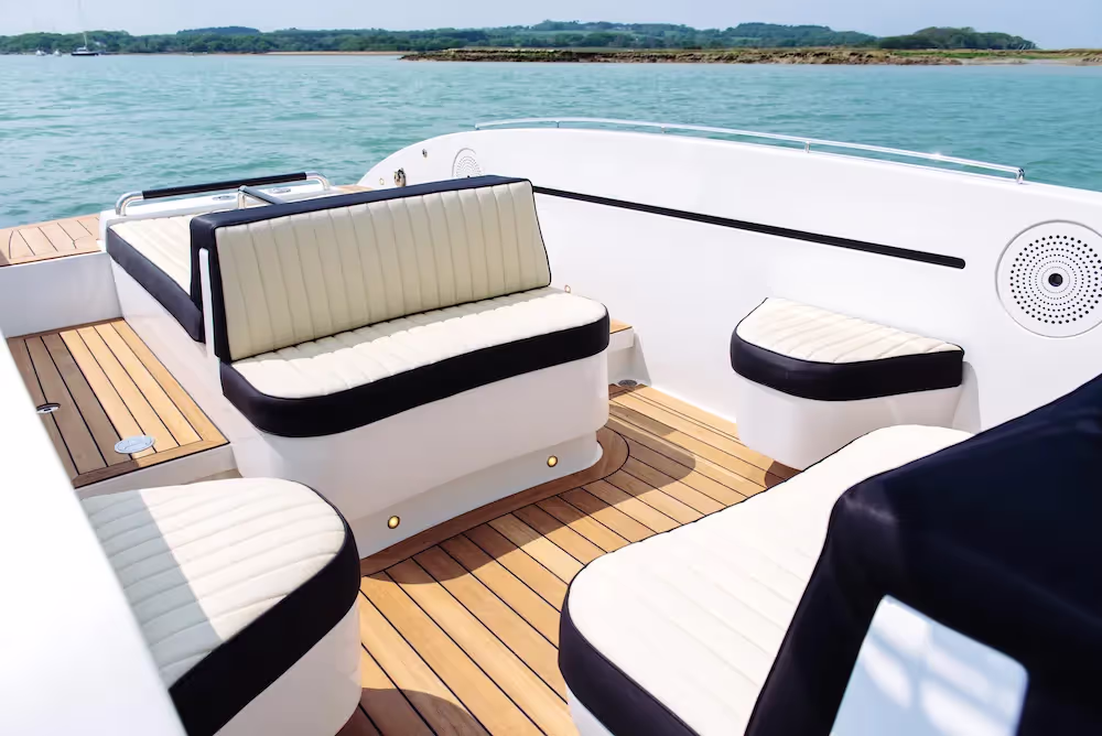 Pascoe International luxury boat tender with Timeless Tube stainless steel oval railings trim in super marine mirror polish