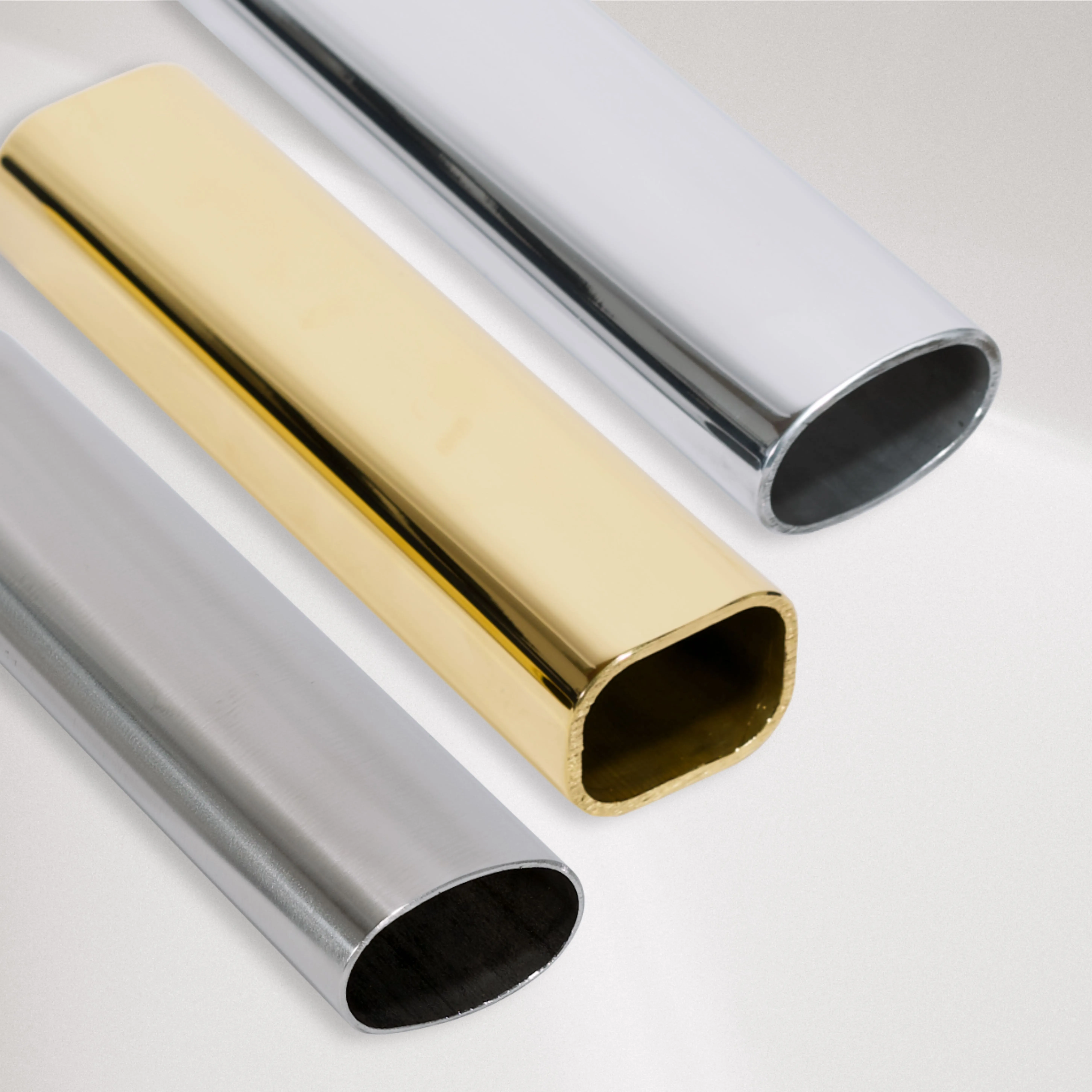 Mirror polished aluminium oval tubing, mirror polished brass radiused rectangle tubing, satin finished stainless steel oval tubing