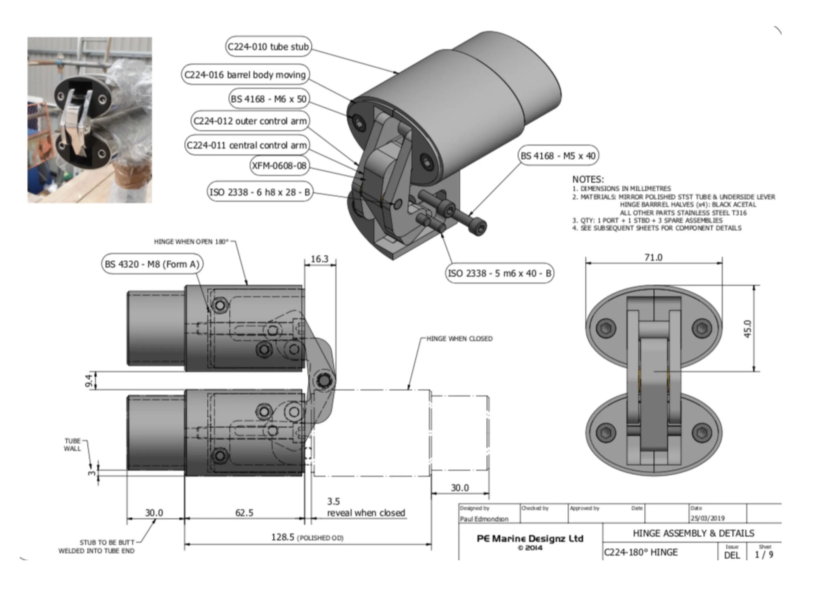 Technical drawing of a metal tubing hinge for marine application